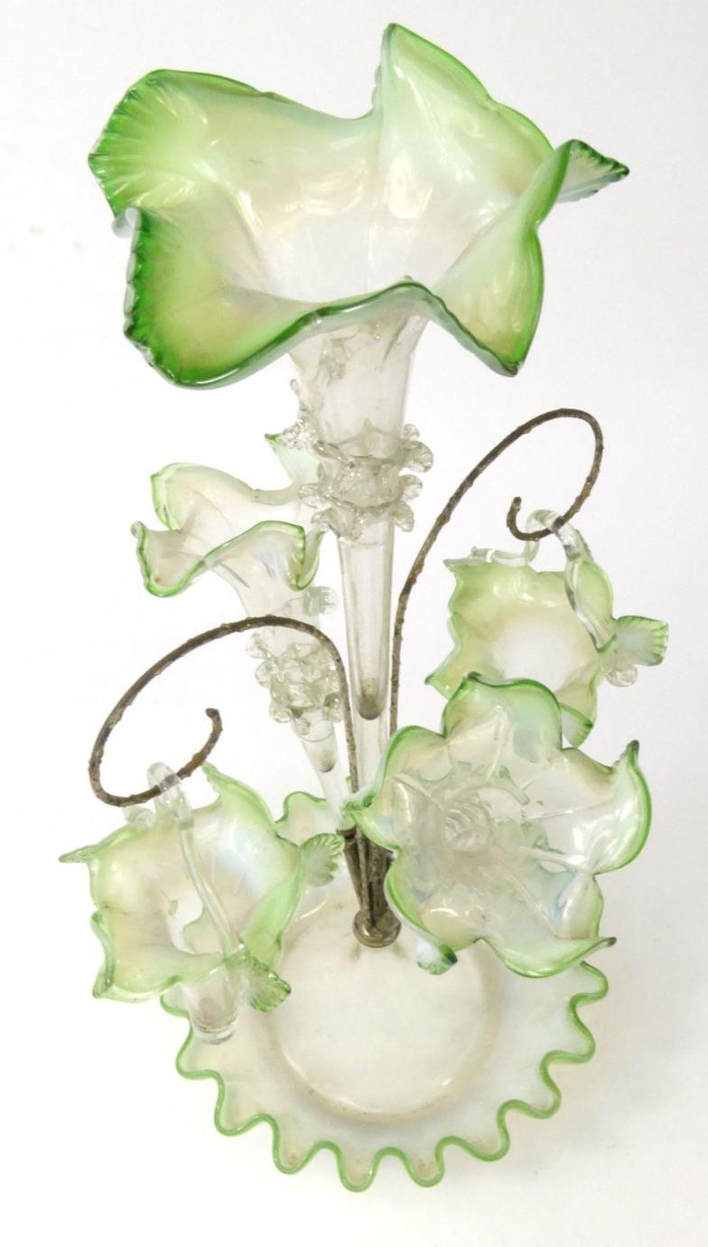 Victorian green and white Vaseline glass three branch epergne, 49cm high : For Condition reports - Image 5 of 7