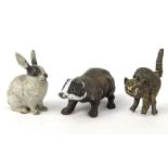 Cold painted bronze model of a badger, a rabbit and a scared cat, the largest 5cm high : For