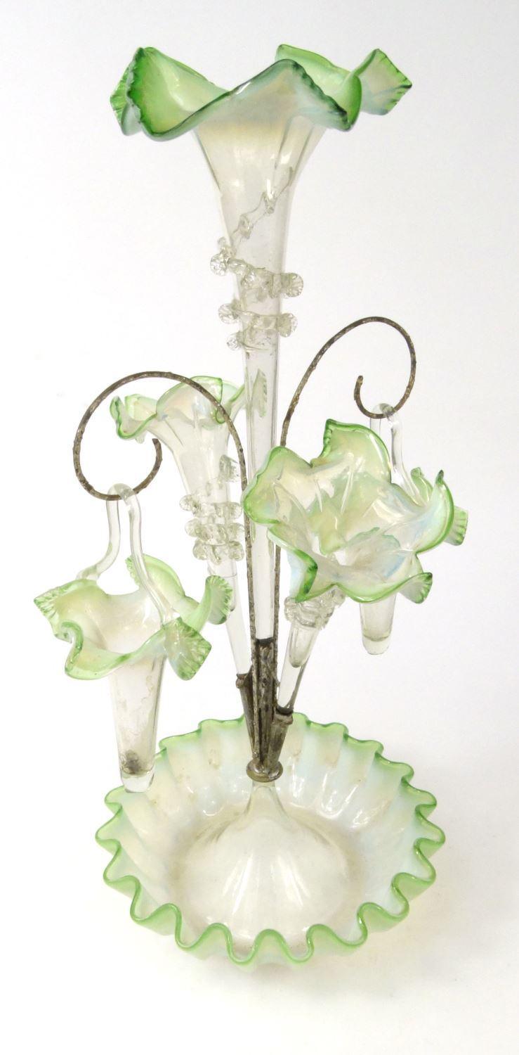 Victorian green and white Vaseline glass three branch epergne, 49cm high : For Condition reports - Image 4 of 7