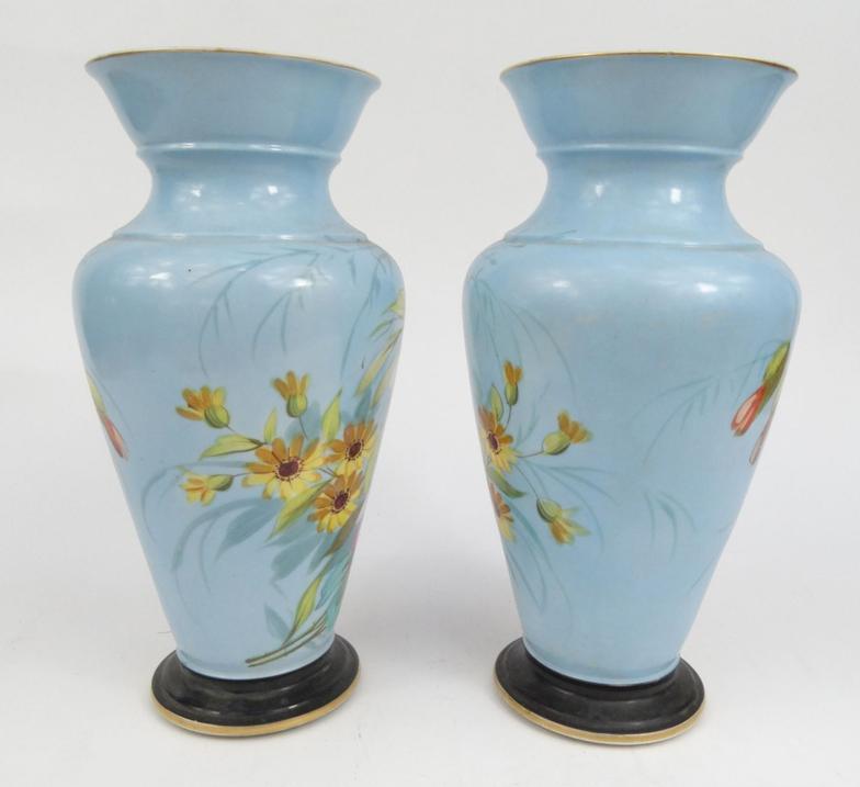 Pair of Victorian continental porcelain vases hand painted with flowers, 34cm high : For Condition - Image 7 of 10