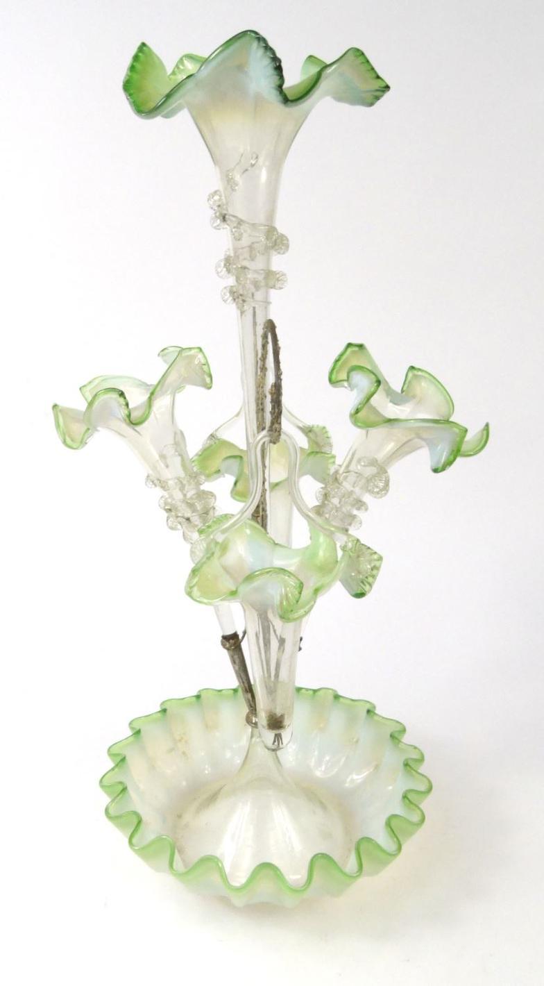Victorian green and white Vaseline glass three branch epergne, 49cm high : For Condition reports - Image 3 of 7