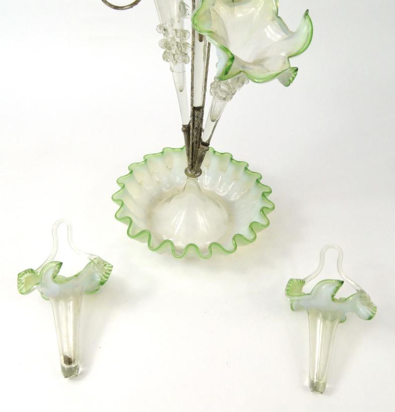 Victorian green and white Vaseline glass three branch epergne, 49cm high : For Condition reports - Image 7 of 7