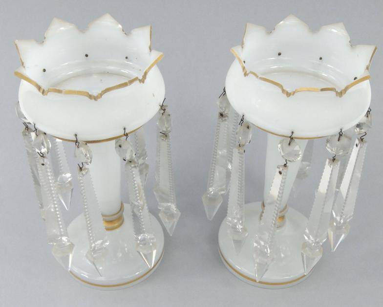 Pair of Victorian opaline glass lustres with clear glass drops, 28cm high : For Condition reports - Image 2 of 5