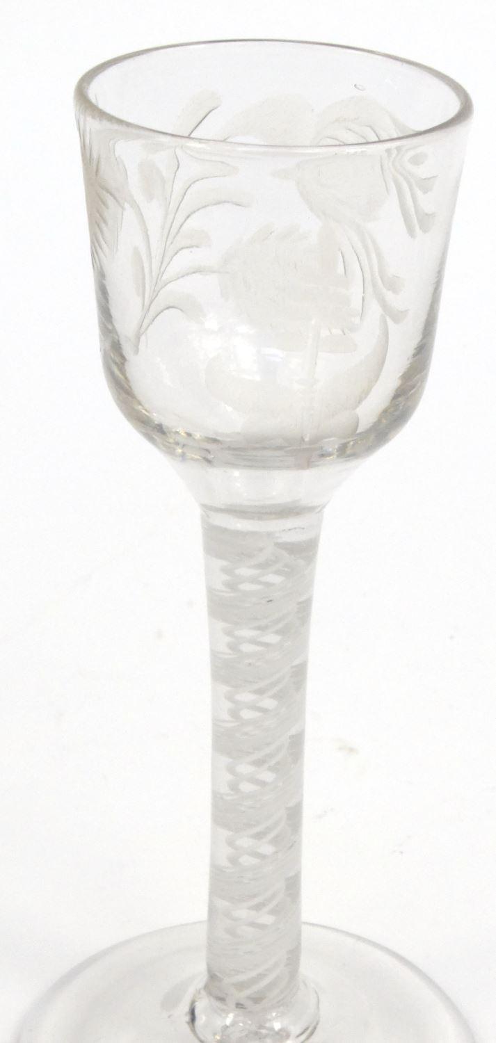 Antique wine glass with spiral twist stem, engraved with flowers, 15cm high : For Condition - Image 3 of 8