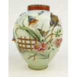 Victorian white opaline glass vase, relief moulded and hand painted with birds and flowers, 27cm