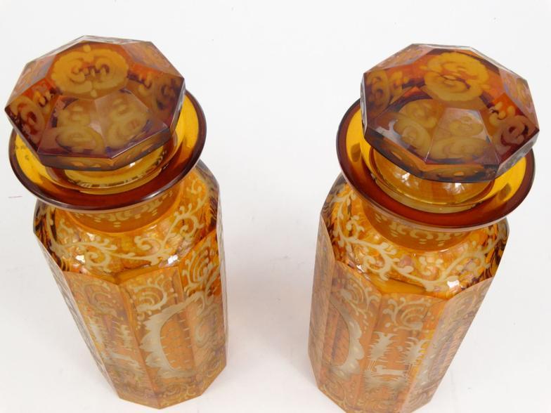 Pair of Victorian amber flashed glass jars decorated with animals and flowers, 22cm high : For - Image 6 of 10