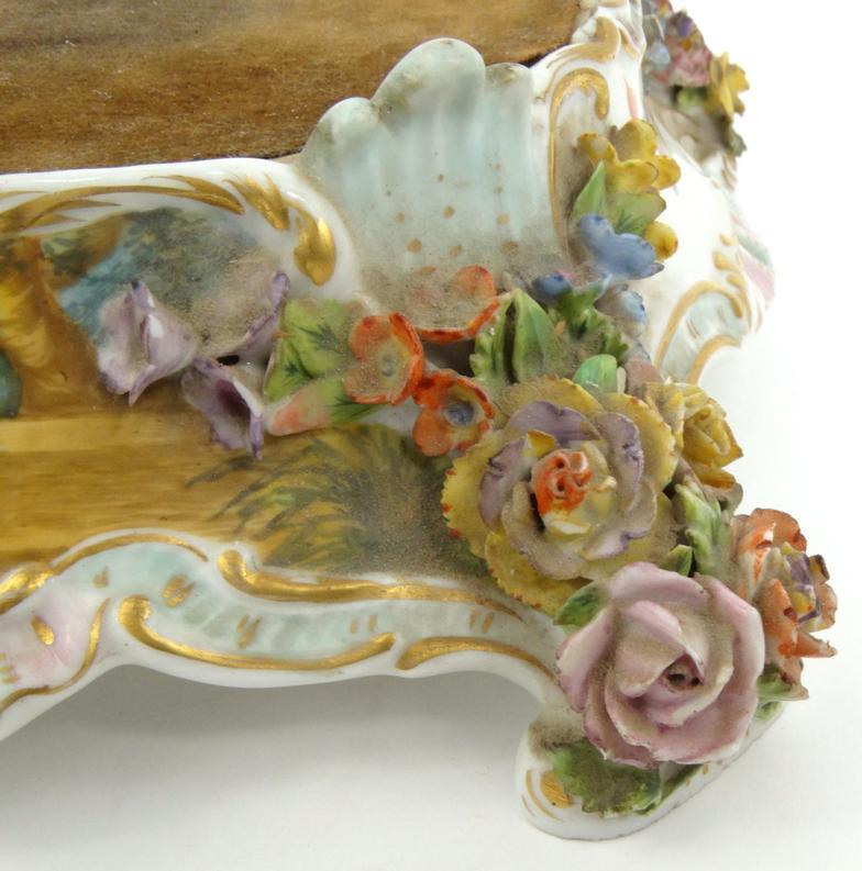 Hand painted floral encrusted stand decorated with ladies, marks to base including impressed - Image 3 of 11