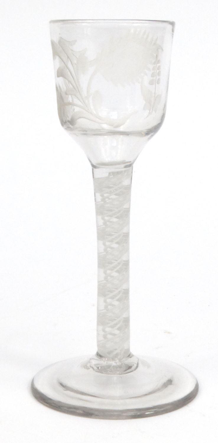 Antique wine glass with spiral twist stem, engraved with flowers, 15cm high : For Condition