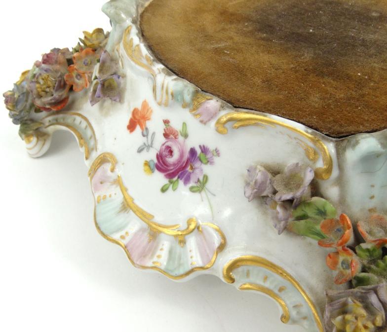 Hand painted floral encrusted stand decorated with ladies, marks to base including impressed - Image 8 of 11