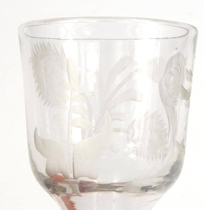 Antique wine glass with spiral twist stem, engraved with flowers, 15cm high : For Condition - Image 4 of 8