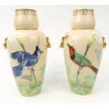 Pair of Victorian porcelain vases finely hand painted with colourful birds and butterflies, numbered