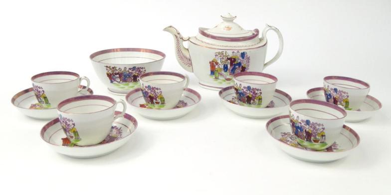 Victorian Sunderland lustre part teaset decorated with oriental Chinese designs, the teapot 17cm