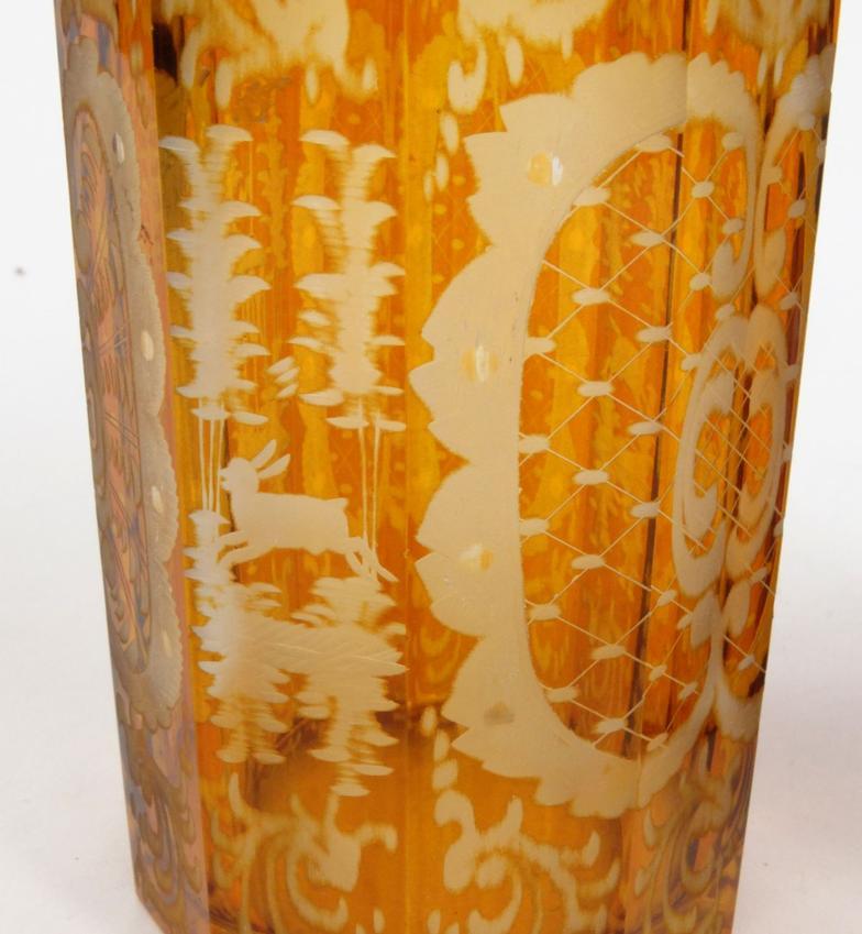 Pair of Victorian amber flashed glass jars decorated with animals and flowers, 22cm high : For - Image 4 of 10