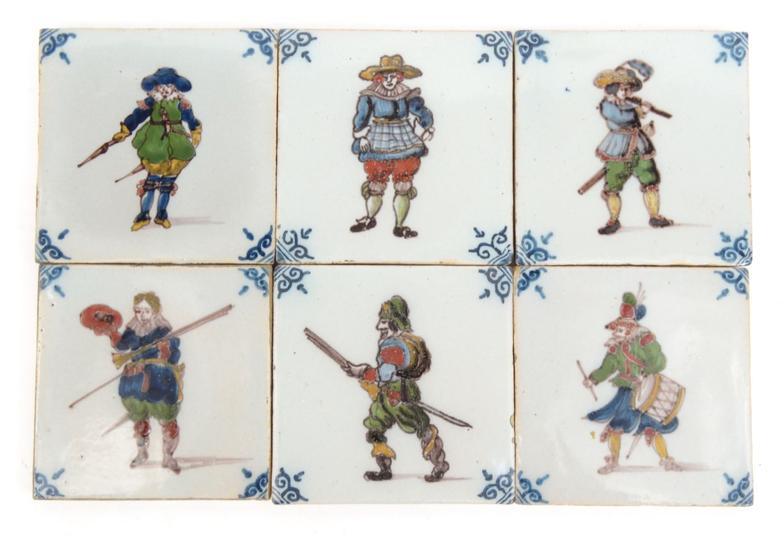 Six Dutch Delft tiles hand painted with gentlemen in colourful costumes, each 10cm square : For