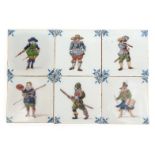 Six Dutch Delft tiles hand painted with gentlemen in colourful costumes, each 10cm square : For