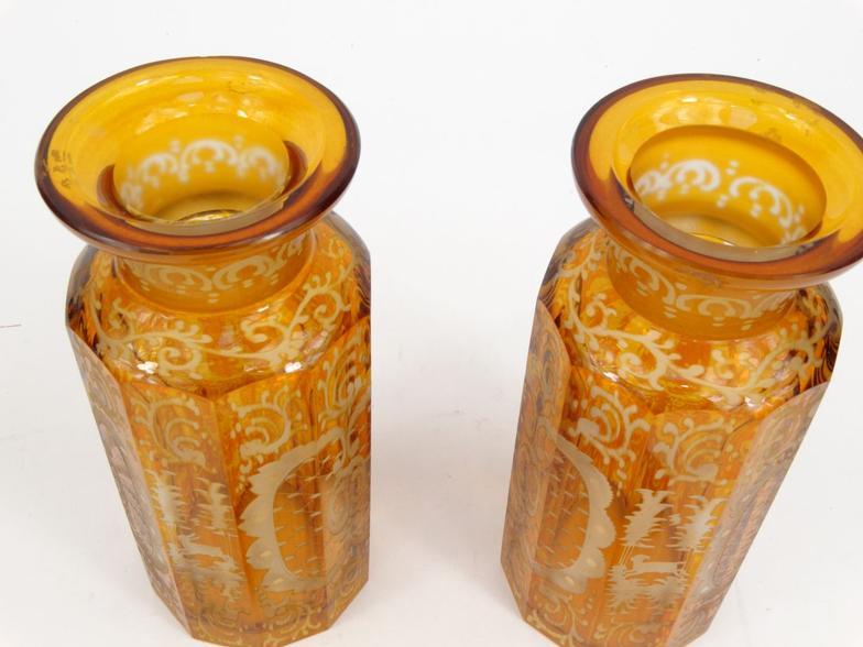 Pair of Victorian amber flashed glass jars decorated with animals and flowers, 22cm high : For - Image 8 of 10