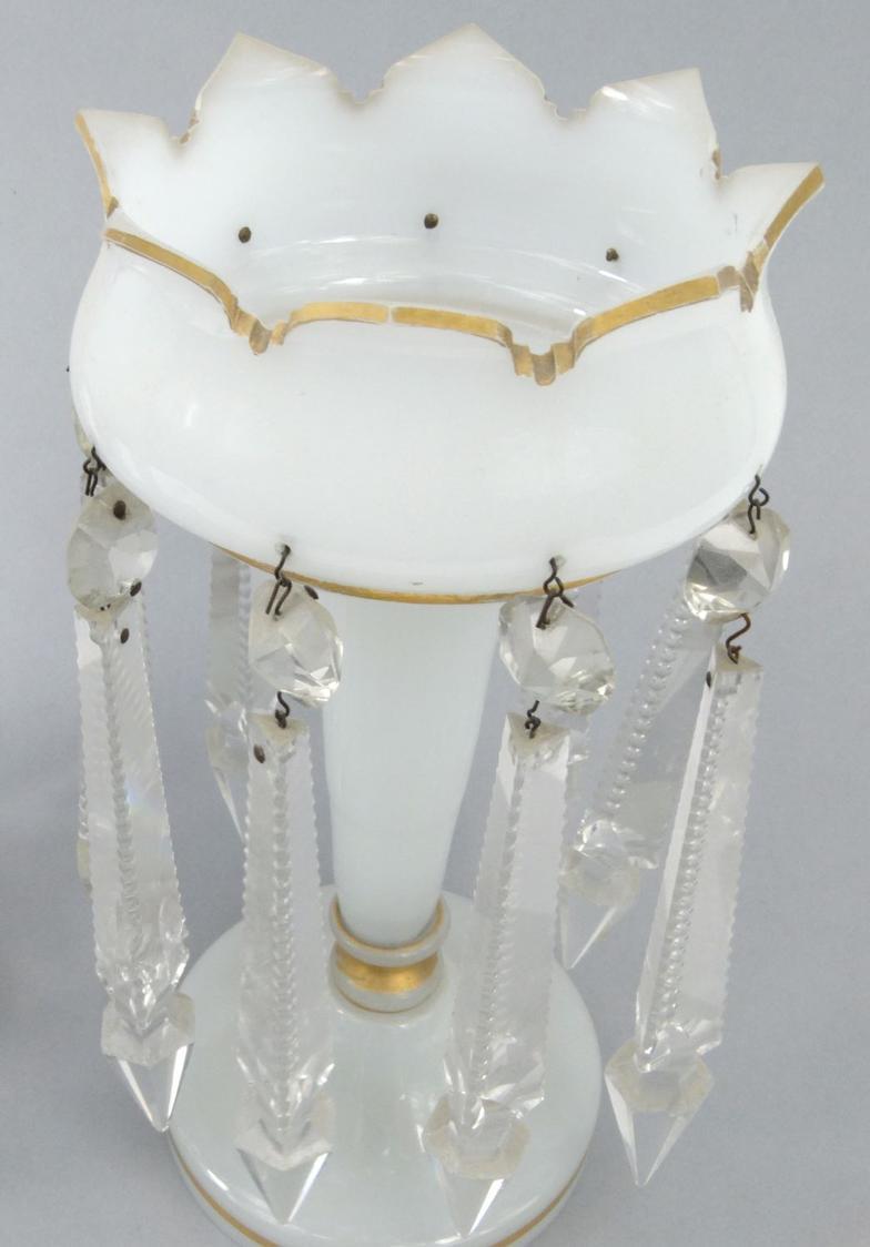 Pair of Victorian opaline glass lustres with clear glass drops, 28cm high : For Condition reports - Image 3 of 5