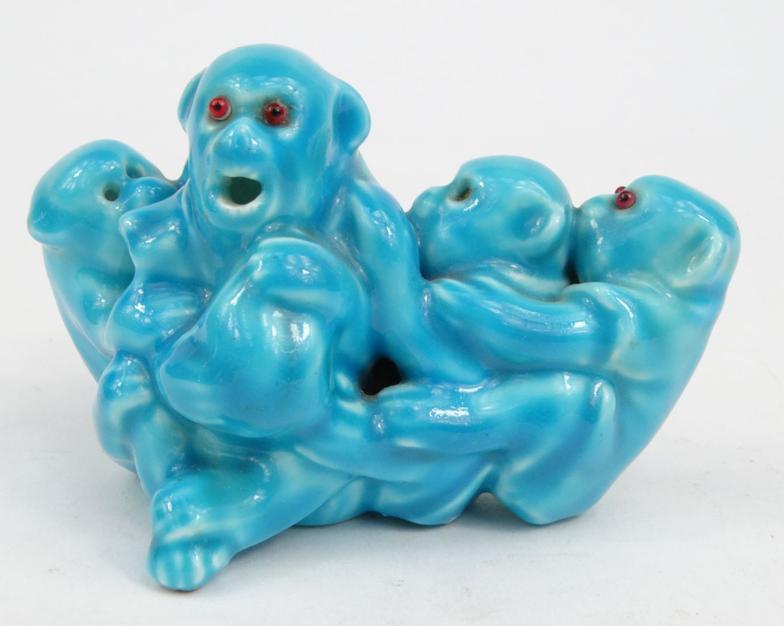 Good quality porcelain model of a group of monkeys in a turquoise glaze with red beaded glass - Image 2 of 9