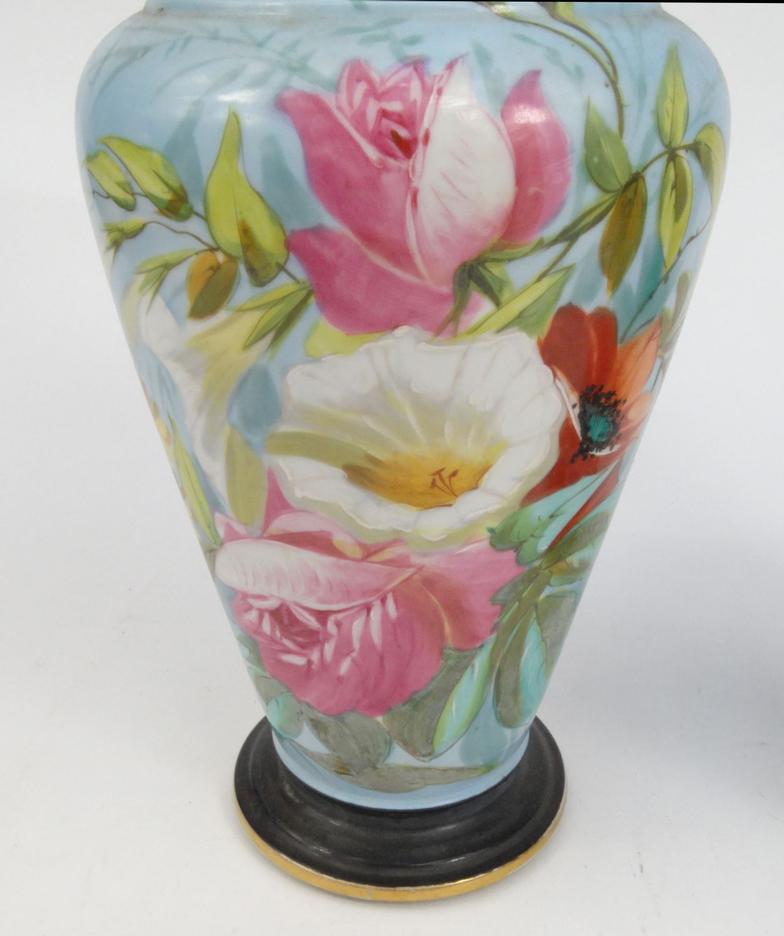 Pair of Victorian continental porcelain vases hand painted with flowers, 34cm high : For Condition - Image 3 of 10