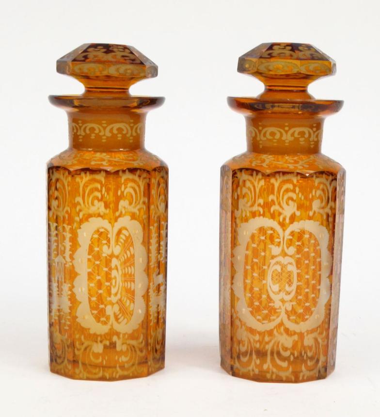 Pair of Victorian amber flashed glass jars decorated with animals and flowers, 22cm high : For