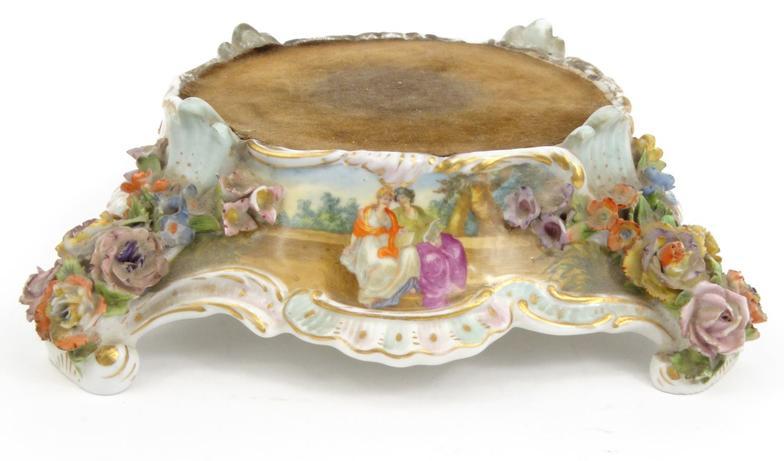 Hand painted floral encrusted stand decorated with ladies, marks to base including impressed