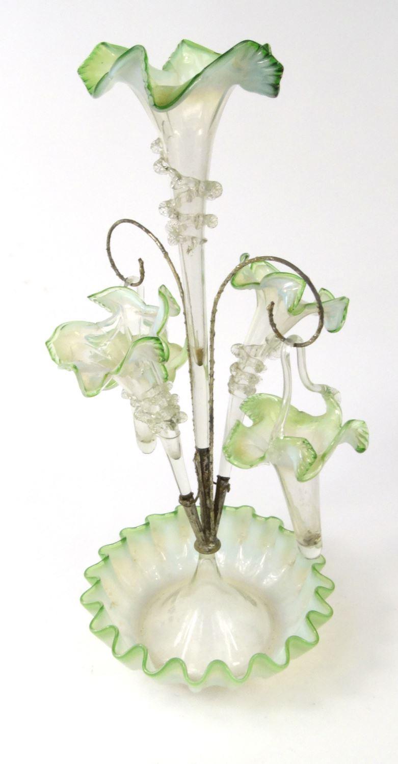 Victorian green and white Vaseline glass three branch epergne, 49cm high : For Condition reports - Image 2 of 7