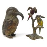 Small cold painted bronze model of budgerigars on a branch together with a kingfisher, the largest