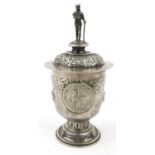 Silver trophy and cover with knight terminal, stamped '925', 15cm high : For Condition Reports