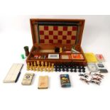 Mahogany cased games box with chess, backgammon, lead horseracing game, etc, 50cm long : For