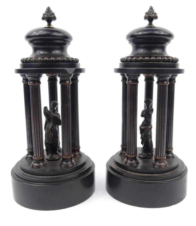 Pair of Italianate classical bronze marble column mantel ornaments, 27.5cm high : For Condition