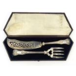 Victorian cased silver fish slice and fork, hallmarked London 1855-56, the slice 34cm long : For