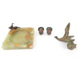 Cold painted bronze duck in flight, duck ashtray and two painted metal chickens, the largest 8cm