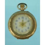 14K gold lady's pocket watch with enamelled decoration to the case, 3cm diameter : For Condition