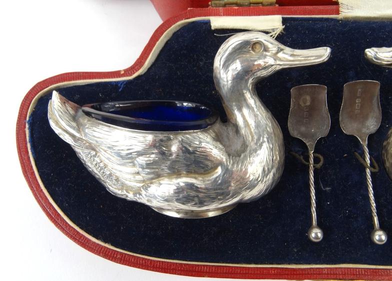 Pair of novelty silver duck salts with blue glass liners, HW Ltd Birmingham 1905-06 and numbered - Image 5 of 8