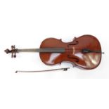 Wooden cello and bow, the back 78cm long : For Condition Reports please visit www.