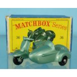 Boxed Matchbox series Lesney motor scooter and sidecar (36) : For Condition Reports please visit