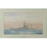 Military interest W.J. Sutton watercolour of battleship HMS Iron Duke, mounted in a gilt frame, 24cm