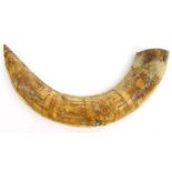 Tribal interest carved warthog tusk decorated with African trade scenes, 33cm wide : For Condition