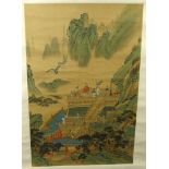 Ying Chou - Oriental Chinese watercolour scroll of emperors amongst landscape, signature marks,