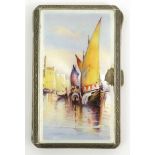 Rectangular silver cigarette case, the lid enamelled with a Venetian scene, stamped '925' to the