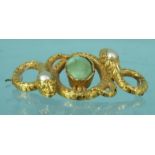 Victorian unmarked gold serpent bar brooch set with turquoise and pearls, 5.5cm long, approximate