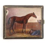 Silver coloured metal cigarette case, the lid enamelled with a horse in a stable, 9.5cm long : For