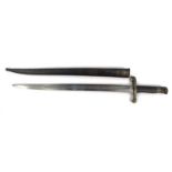 Military interest bayonet and scabbard, indistinct engraving on the blade, 61.5cm long : For