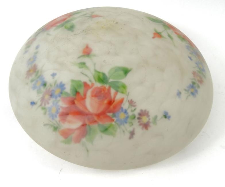Large Edwardian mottled glass lamp shade with internal floral hand painted roses, 40cm diameter : - Image 5 of 5
