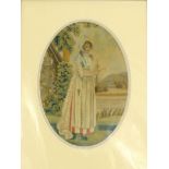 Victorian oval silk and stump work picture of a young girl wearing a bonnet, mounted and framed,