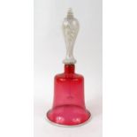 Victorian cranberry glass table bell with white striped handle, 35cm high : For Condition Reports