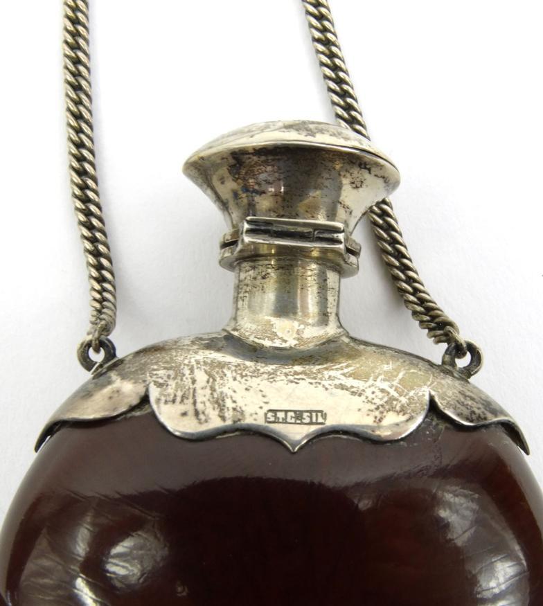 Unusual silver topped nut scent bottle on chain, 6cm long : For Condition Reports please visit www. - Image 4 of 5