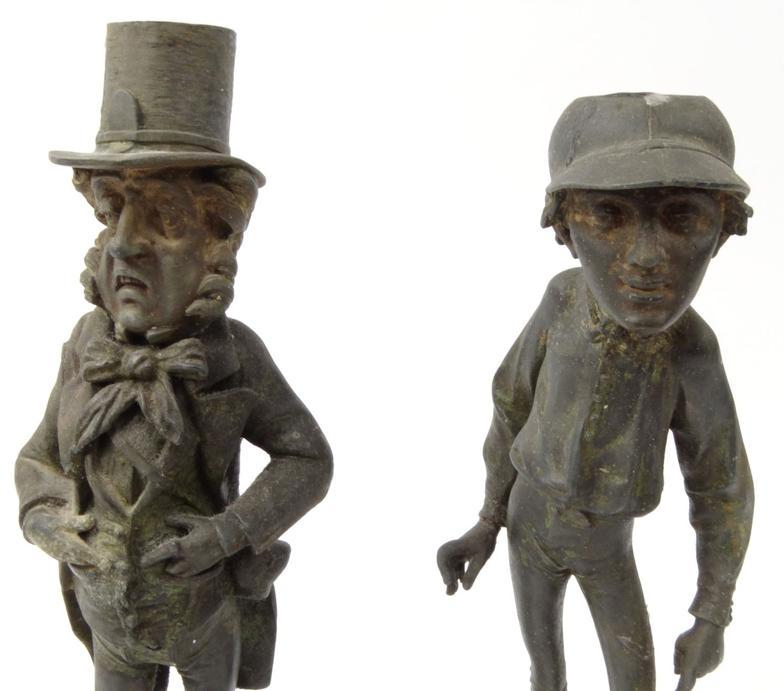 Pair of Victorian novelty spelter candlesticks in the form of a jockey and gentleman, the jockey - Image 2 of 8