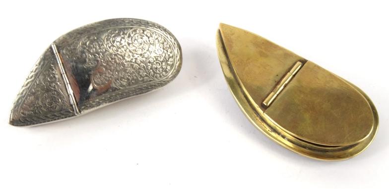 Georgian unmarked silver and shell snuff box with floral chased lid, together with a brass mussel - Image 8 of 11