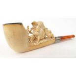 Cased meerschaum pipe carved with a lady carrying a basket on her back and followed by a goat,
